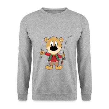 BÄR - TEDDY - ANGLER - ANGELN - FISCHER - TIER - Unisex Pullover - Weißgrau meliert - Vorne - Alina (178cm) & Michal (187cm)