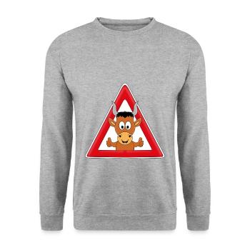 ACHTUNG STIER - BULLE - TIER - TIERISCH - GUT - Unisex Pullover - Weißgrau meliert - Vorne - Alina (178cm) & Michal (187cm)