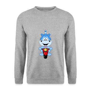 EINHORN - MOTORRAD - BIKER - KIND - BABY - FUN - Unisex Pullover - Weißgrau meliert - Vorne - Alina (178cm) & Michal (187cm)