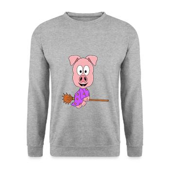 HEXE - SCHWEIN - HEXENBESEN - TIER - KIND - BABY - Unisex Pullover - Weißgrau meliert - Vorne - Alina (178cm) & Michal (187cm)