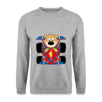TEDDY - BÄR - RENNFAHRER - AUTO - MOTORSPORT - Unisex Pullover - Weißgrau meliert - Vorne - Alina (178cm) & Michal (187cm)