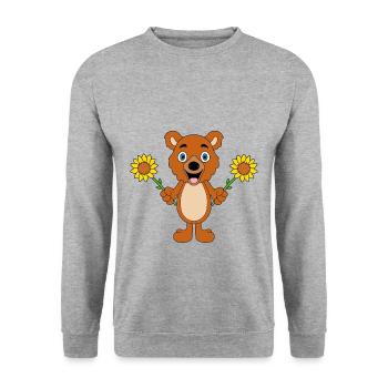 TEDDY - BÄR - TEDDYBÄR - SONNENBLUMEN - BLUMEN - Unisex Pullover - Weißgrau meliert - Vorne - Alina (178cm) & Michal (187cm)