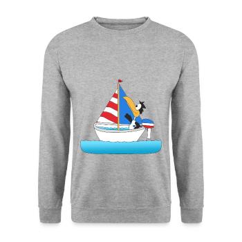 KAPITÄN - BOOT - SCHIFF - PINGUIN - SEGELN - MEER - Unisex Pullover - Weißgrau meliert - Vorne - Alina (178cm) & Michal (187cm)