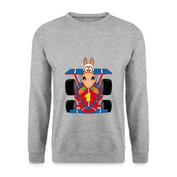 RENNWAGEN - AUTO - PFERD - PONY - AUTORENNEN - Unisex Pullover - Weißgrau meliert - Vorne - Alina (178cm) & Michal (187cm)