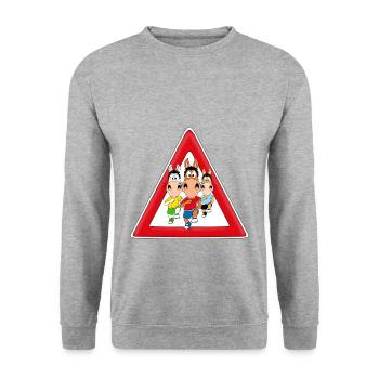 ACHTUNG - PFERDERENNEN - PFERDE - TIERISCH - Unisex Pullover - Weißgrau meliert - Vorne - Alina (178cm) & Michal (187cm)