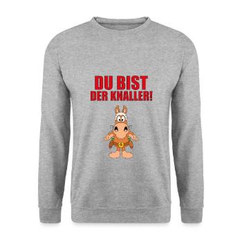 DU BIST DER KNALLER! - PFERD - MÖHREN - COWBOY - Unisex Pullover - Weißgrau meliert - Vorne - Alina (178cm) & Michal (187cm)