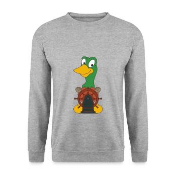 ENTE - KAPITÄN - MEER - SEE - BOOT - SCHIFF - Unisex Pullover - Weißgrau meliert - Vorne - Alina (178cm) & Michal (187cm)