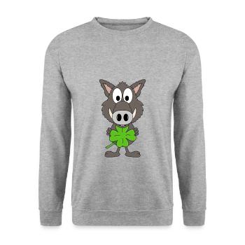 KLEEBLATT - WILDSCHWEIN - GLÜCKSBRINGER - GLÜCK - Unisex Pullover - Weißgrau meliert - Vorne - Alina (178cm) & Michal (187cm)