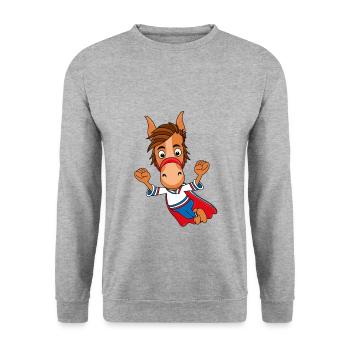 SUPERHELD - PFERD - PONY - TIER - KIND - BABY - Unisex Pullover - Weißgrau meliert - Vorne - Alina (178cm) & Michal (187cm)