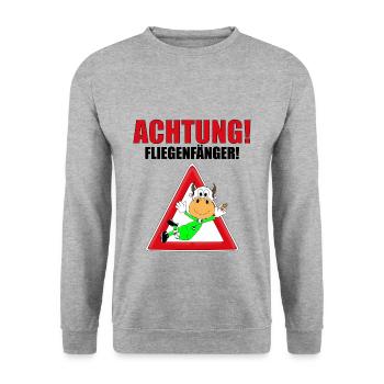 ACHTUNG! FLIEGENFÄNGER - KUH - TORWART - FUßBALL - Unisex Pullover - Weißgrau meliert - Vorne - Alina (178cm) & Michal (187cm)