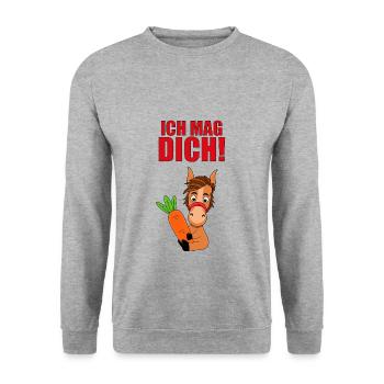 ICH MAG DICH! - MÖHRE - PFERD - PONY - LIEBE - Unisex Pullover - Weißgrau meliert - Vorne - Alina (178cm) & Michal (187cm)