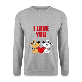 I LOVE YOU - HUNDE - HUND - LIEBE - HERZ - TIERE - Unisex Pullover - Weißgrau meliert - Vorne - Alina (178cm) & Michal (187cm)