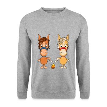 PFERDE - PONY - LAGERFEUER - MARSHMALLOWS - TIERE - Unisex Pullover - Weißgrau meliert - Vorne - Alina (178cm) & Michal (187cm)