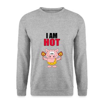 I AM HOT - SCHWEIN - FEUER - STEINZEIT - TIER - Unisex Pullover - Weißgrau meliert - Vorne - Alina (178cm) & Michal (187cm)