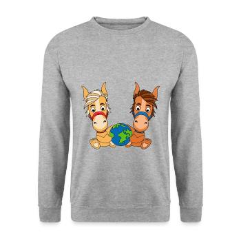 ERDE - WELT - PLANET - PFERDE - PONYS - REITEN - Unisex Pullover - Weißgrau meliert - Vorne - Alina (178cm) & Michal (187cm)
