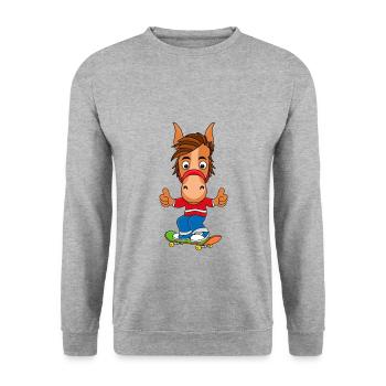 SKATEBOARD - PFERD - PONY - SPORT - TIER - Unisex Pullover - Weißgrau meliert - Vorne - Alina (178cm) & Michal (187cm)