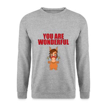 YOU ARE WONDERFUL - PFERD - PONY - Unisex Pullover - Weißgrau meliert - Vorne - Alina (178cm) & Michal (187cm)