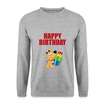HUND - DOG - GEBURTSTAG - HAPPY BIRTHDAY - Unisex Pullover - Weißgrau meliert - Vorne - Alina (178cm) & Michal (187cm)