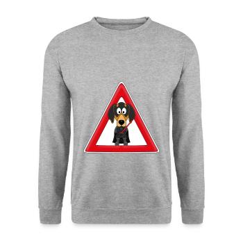 ACHTUNG - KAMPFDACKEL - DACKEL - HUND - Unisex Pullover - Weißgrau meliert - Vorne - Alina (178cm) & Michal (187cm)