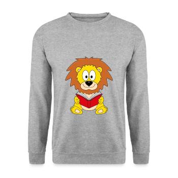 LESEN - BUCH - GESCHICHTE - TIERISCH - TIER - LÖWE - Unisex Pullover - Weißgrau meliert - Vorne - Alina (178cm) & Michal (187cm)
