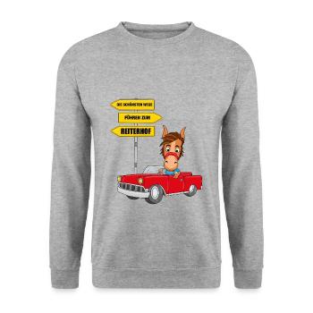 REITERHOF - PFERD - PFERDE - AUTO - Unisex Pullover - Weißgrau meliert - Vorne - Alina (178cm) & Michal (187cm)