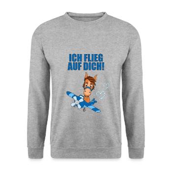 FLUGZEUG - PONY - PFERD - ICH FLIEG AUF DICH! - Unisex Pullover - Weißgrau meliert - Vorne - Alina (178cm) & Michal (187cm)