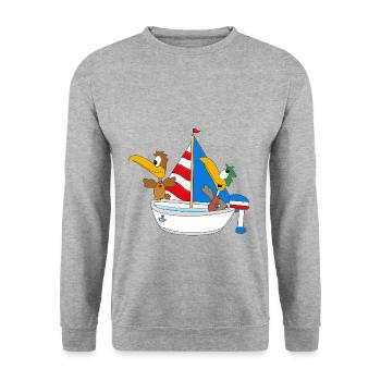 ENTEN - BOOT - SCHIFF - MEER - SEE - VÖGEL - TIERE - Unisex Pullover - Weißgrau meliert - Vorne - Alina (178cm) & Michal (187cm)