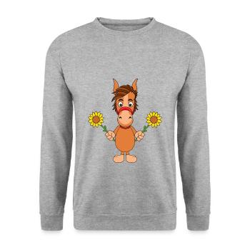 BLUMEN - PFERD - PONY - SONNENBLUMEN - SOMMER - Unisex Pullover - Weißgrau meliert - Vorne - Alina (178cm) & Michal (187cm)