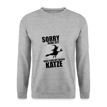 HALLOWEEN - MOND - HEXE - KATZE - HEXENBESEN - Unisex Pullover - Weißgrau meliert - Vorne - Alina (178cm) & Michal (187cm)