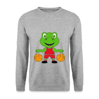 BASKETBALL - SPORT - DINO - DINOSAURIER - KINDER - Unisex Pullover - Weißgrau meliert - Vorne - Alina (178cm) & Michal (187cm)