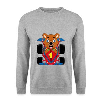 BÄR - TEDDY - AUTO - RENNFAHRER - AUTORENNEN - Unisex Pullover - Weißgrau meliert - Vorne - Alina (178cm) & Michal (187cm)