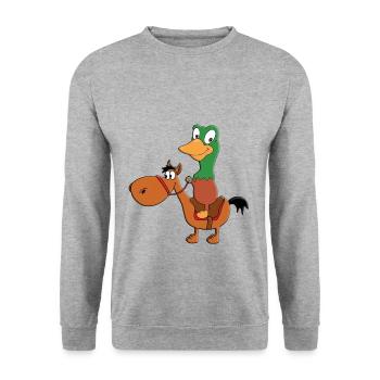 REITEN - PFERD - PONY - ENTE - ERPEL - REITER - Unisex Pullover - Weißgrau meliert - Vorne - Alina (178cm) & Michal (187cm)