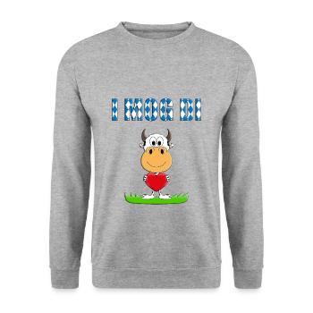 I MOG DI - KUH - HERZ - LIEBE - VERLIEBT - TIER - Unisex Pullover - Weißgrau meliert - Vorne - Alina (178cm) & Michal (187cm)
