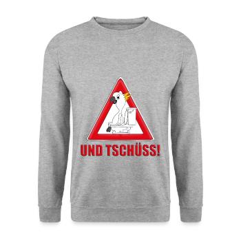 ACHTUNG KAKADU - WC - TOILETTE - UND TSCHÜSS! - Unisex Pullover - Weißgrau meliert - Vorne - Alina (178cm) & Michal (187cm)