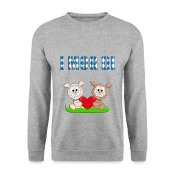 I MOG DI - LAMA - ALPAKA - HERZ - LIEBE - TIERE - Unisex Pullover - Weißgrau meliert - Vorne - Alina (178cm) & Michal (187cm)