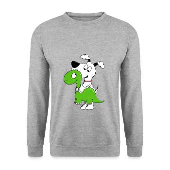 HUND - DINO - DINOSAURIER - KUSCHELTIER - TIERISCH - Unisex Pullover - Weißgrau meliert - Vorne - Alina (178cm) & Michal (187cm)