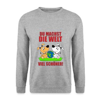 DU MACHST DIE WELT VIEL SCHÖNER! - HUNDE - LIEBE - Unisex Pullover - Weißgrau meliert - Vorne - Alina (178cm) & Michal (187cm)