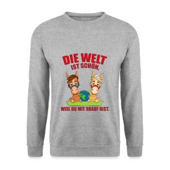 PFERDE - PONYS - ERDE - WELT - LIEBE - LOVE - Unisex Pullover - Weißgrau meliert - Vorne - Alina (178cm) & Michal (187cm)