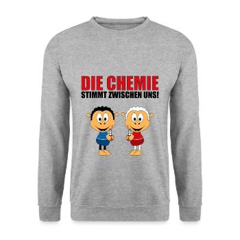 DIE CHEMIE STIMMT ZWISCHEN UNS! - SCHAFE - SCHAF - Unisex Pullover - Weißgrau meliert - Vorne - Alina (178cm) & Michal (187cm)