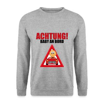 ACHTUNG! BABY AN BORD - AUTO - KIND - KINDER - Unisex Pullover - Weißgrau meliert - Vorne - Alina (178cm) & Michal (187cm)