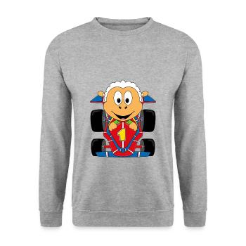 RENNFAHRER - RENNWAGEN - AUTO - SCHAF - TIER - Unisex Pullover - Weißgrau meliert - Vorne - Alina (178cm) & Michal (187cm)