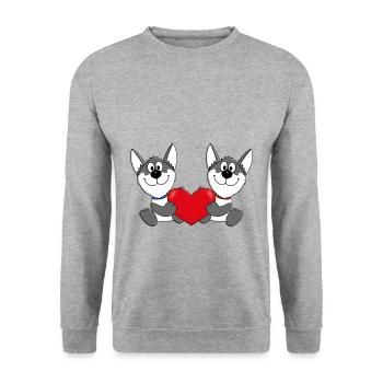 HUSKYS - SCHLITTENHUNDE - WOLFSHUNDE - HERZ - LOVE - Unisex Pullover - Weißgrau meliert - Vorne - Alina (178cm) & Michal (187cm)