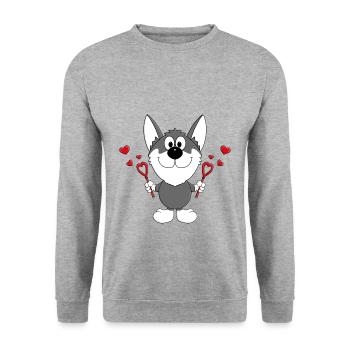 HUND - LIEBE - SCHLITTENHUND - HUSKY - HERZEN - Unisex Pullover - Weißgrau meliert - Vorne - Alina (178cm) & Michal (187cm)