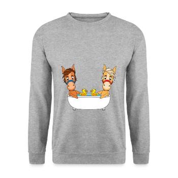 PFERDE - PONYS - BADEN - BADEWANNE - TIERISCH - Unisex Pullover - Weißgrau meliert - Vorne - Alina (178cm) & Michal (187cm)