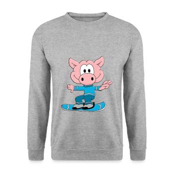 SNOWBOARD - WINTERSPORT - SCHWEIN - SPORT - Unisex Pullover - Weißgrau meliert - Vorne - Alina (178cm) & Michal (187cm)