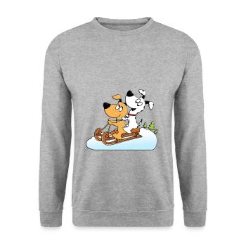 SCHNEE - SCHLITTENFAHREN - RODELN - HUNDE - Unisex Pullover - Weißgrau meliert - Vorne - Alina (178cm) & Michal (187cm)