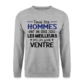 Gros ventre obèse régime. Cadeau humour homme gros - Sweat-shirt Unisexe - gris chiné - Devant - Alina (178cm) & Michal (187cm)