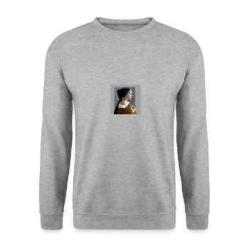 Katze mit Dame in Gemälde im Johannes Vermeer Stil - Unisex Pullover - Weißgrau meliert - Vorne - Alina (178cm) & Michal (187cm)