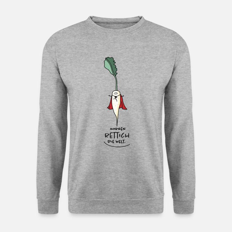 Lustiger Rettich als Retter und Held - Unisex Pullover - Weißgrau meliert