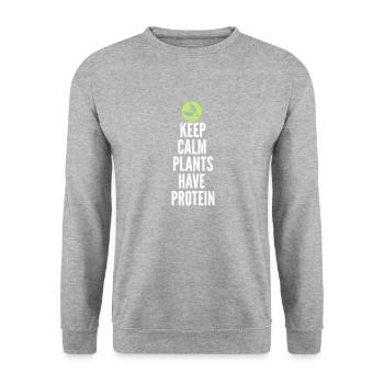 Keep Calm Plants Have Protein - Unisex Pullover - Weißgrau meliert - Vorne - Alina (178cm) & Michal (187cm)
